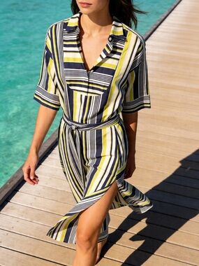 Striped Midi Shirt Dress with Self-Tie Belt in Yellow & Navy